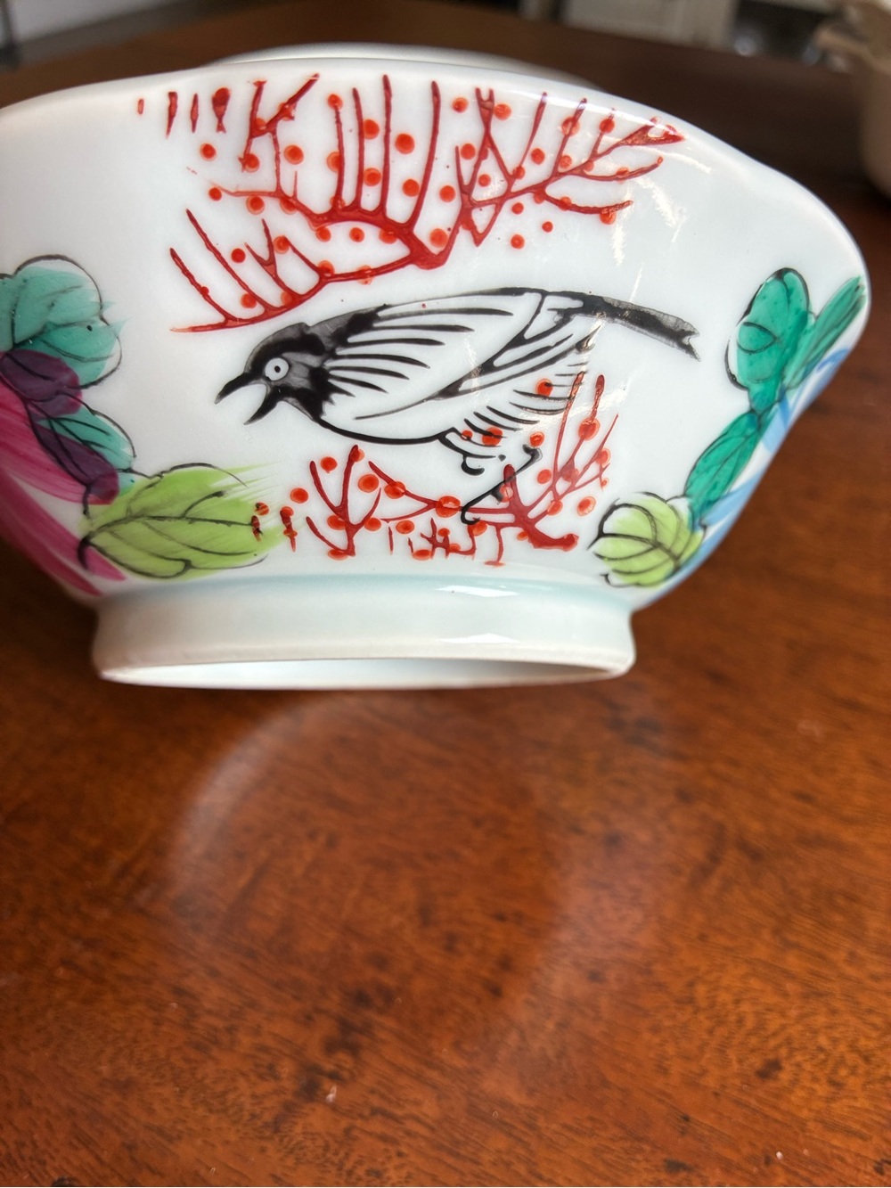 Hand-Painted Porcelain Rice Bowl with Bird Motif - White & Multicolor